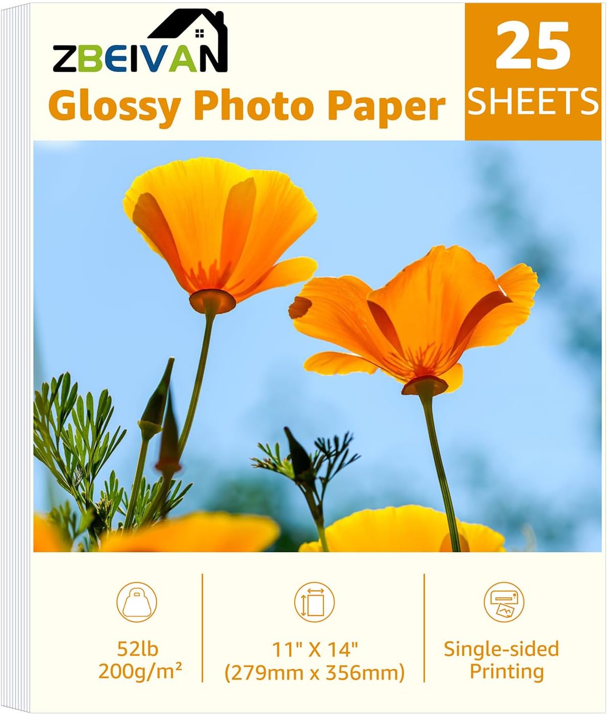 ZBEIVAN 11x14 Photo Paper, Glossy Photo Papers 25 Sheets, 11 x 14 Inkjet Printer Photo Paper for Dye Ink, 200 GSM
