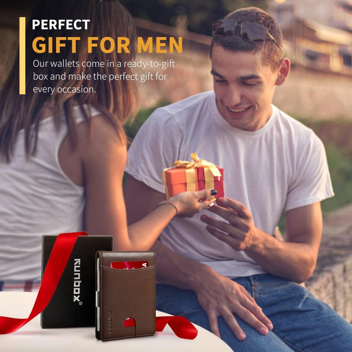 RUNBOX Money Clip Slim Wallets for Men RFID Blocking 11 Card Holder Minimalist Small Leather Bifold Men's Front Pocket Wallet Gift Box