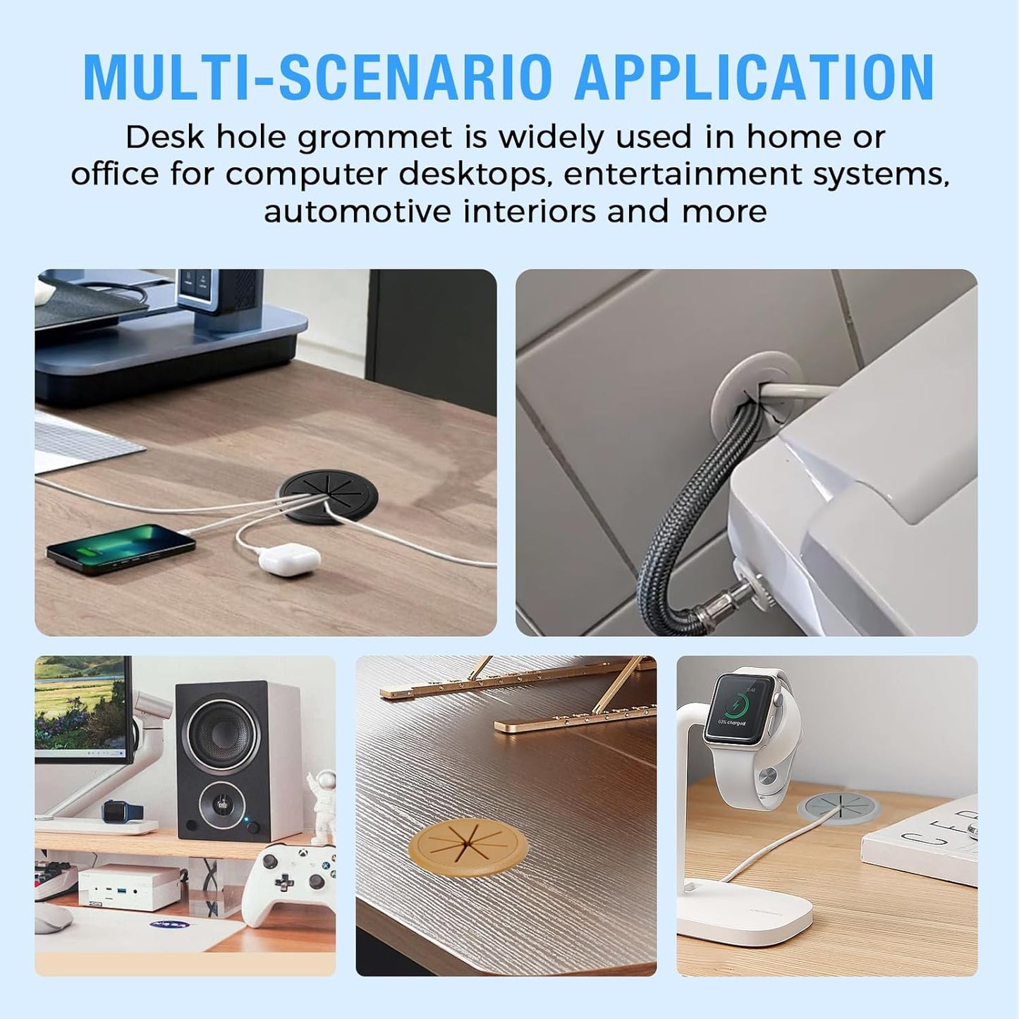 Desk Grommet 2-3/8" (60 mm), Desk Hole Cover for Cables White, Cable Grommet ABS Plastic, Desk Hole Grommet for Office and Home Table Cable, Detachable & Flexible Cable Cord Organizer-2 Pcs