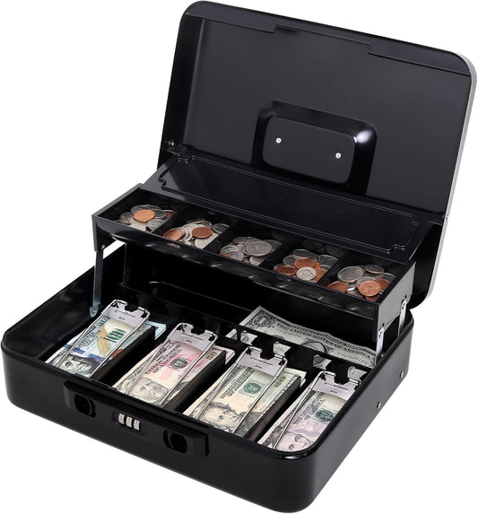 Jssmst Locking Cash Box with Coin Lid, 11.8L x 9.5W x 3.5H Inches, Latch Safe Money Box with Combination Lock, Black