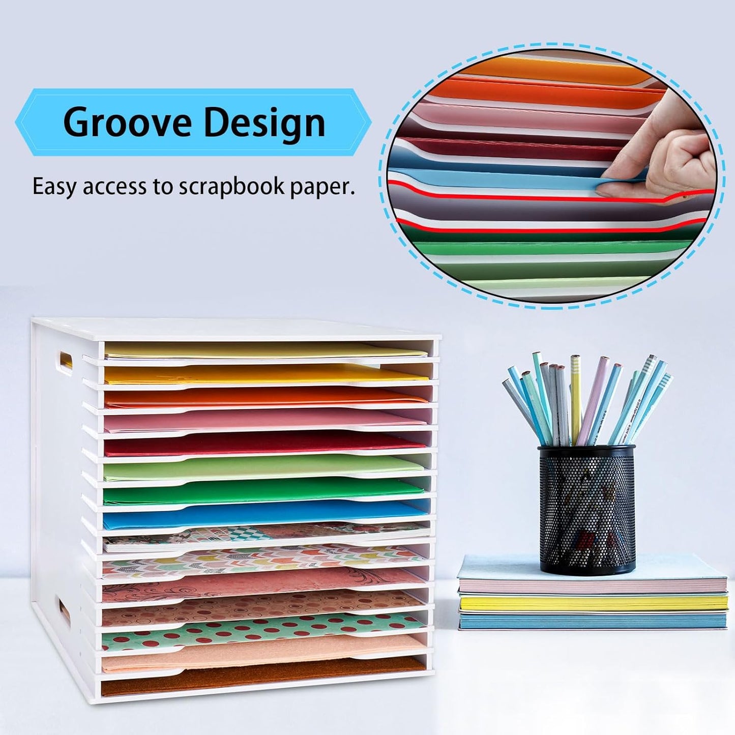 SANFURNEY Scrapbook Paper Organizer for Sizes 12" x 12", 15 Slots File Sorter Storage, Document Holder, Desktop Scrapbook Paper Organizer Rack for Home Office School (White, 15 Slots - Standard Size)