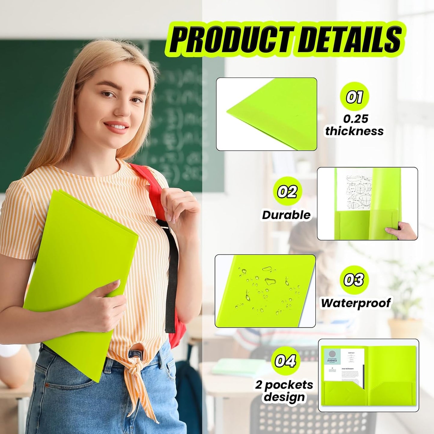 Gueevin 72 Pcs Two Pocket Folders Bulk Plastic File Folder with 2 Pockets Letter Size Paper Heavy Duty Durable Portfolios Case for Home Office School Business 11.61 x 9.45 Inch (Fluorescent Green)