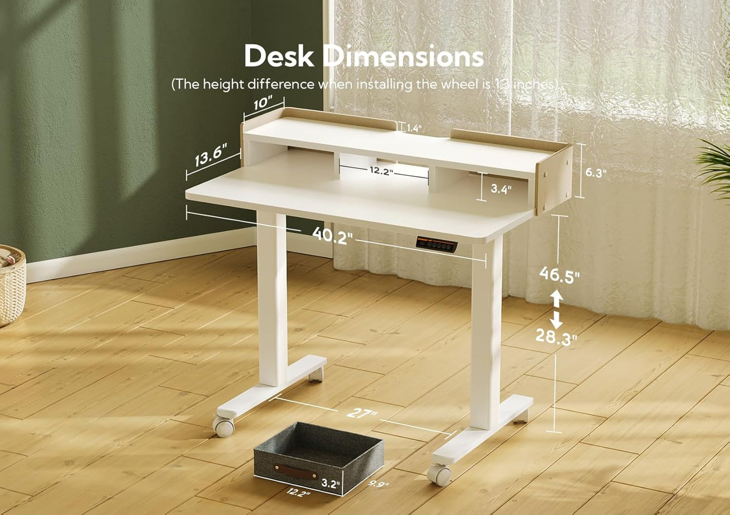 Claiks Standing Desk with Drawers, Adjustable Stand Up Electric Small Standing Desk Adjustable Height with Storage Shelf and Splice Board, 40 Inch, White