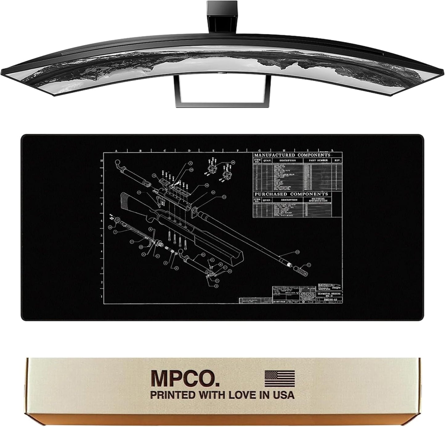 MPCO. Blueprints Large Gaming Desk Pad - 36" x 17" Duraglyde Fabric Browning 50 Cal – Black Desk Mats - Non-Slip, Washable, Smooth Glide for Precision Gaming & Work