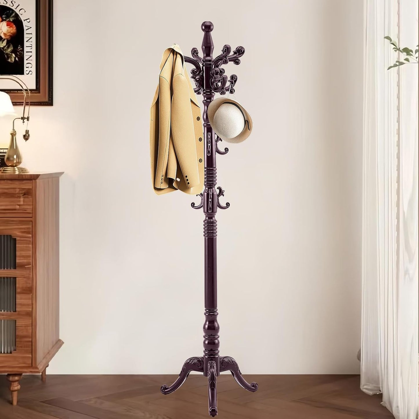 Wooden Coat Rack Stand, Vintage Solid Wood Coat Rack Freestanding with Triangle Base, Heavy Duty Coat Racks with 14 Hooks, Wood Coat Tree Hanger Stand for Entryway,Office