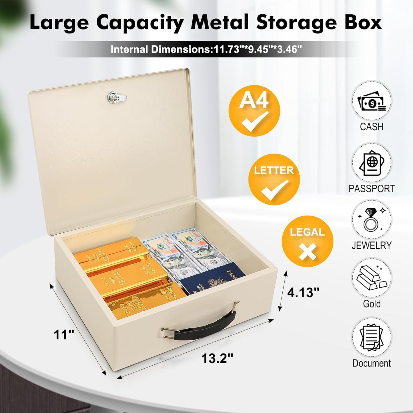 KYODOLED Fireproof Document Box with Key Lock, Safe Storage Box for Valuables, Fire Resistance Security, Fireproof Lock Box for Passport, Cash, Tablet 13.2'' x 11'' x 4.13'' Beige