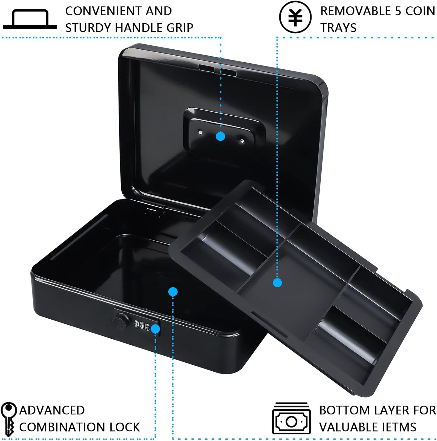 KYODOLED Metal Cash Box with Combination Lock Money Box for Cash Safe Metal Box with Money Tray for Security Lock Box 11.81"x 9.45"x 3.54" Black X Large