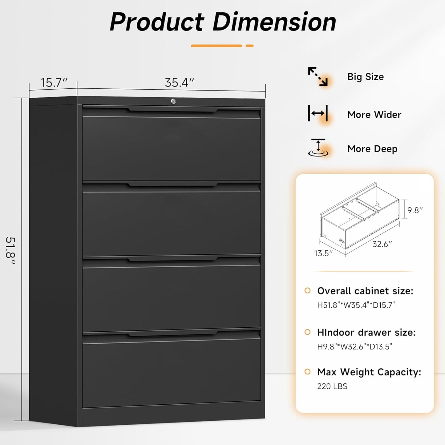 4 Drawer Lateral File Cabinet, Metal Lateral Filing Cabinet with Lock for Hanging Files Letter/Legal/F4/A4 Size, Easy Assemble Black