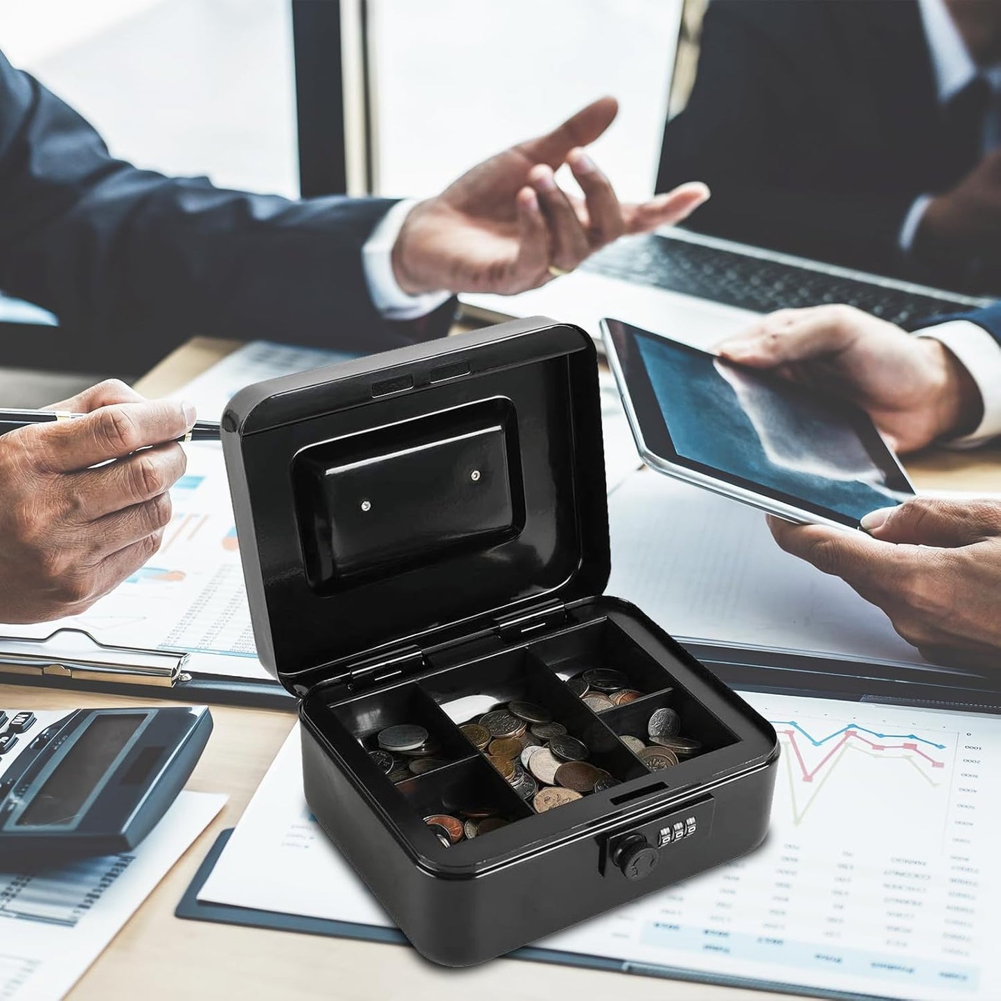 xydled Steel Cash Box Safe with Combination Lock,Money Safe Box with Removable Coin Tray,Large,9.84"x 7.87"x 3.54",Black