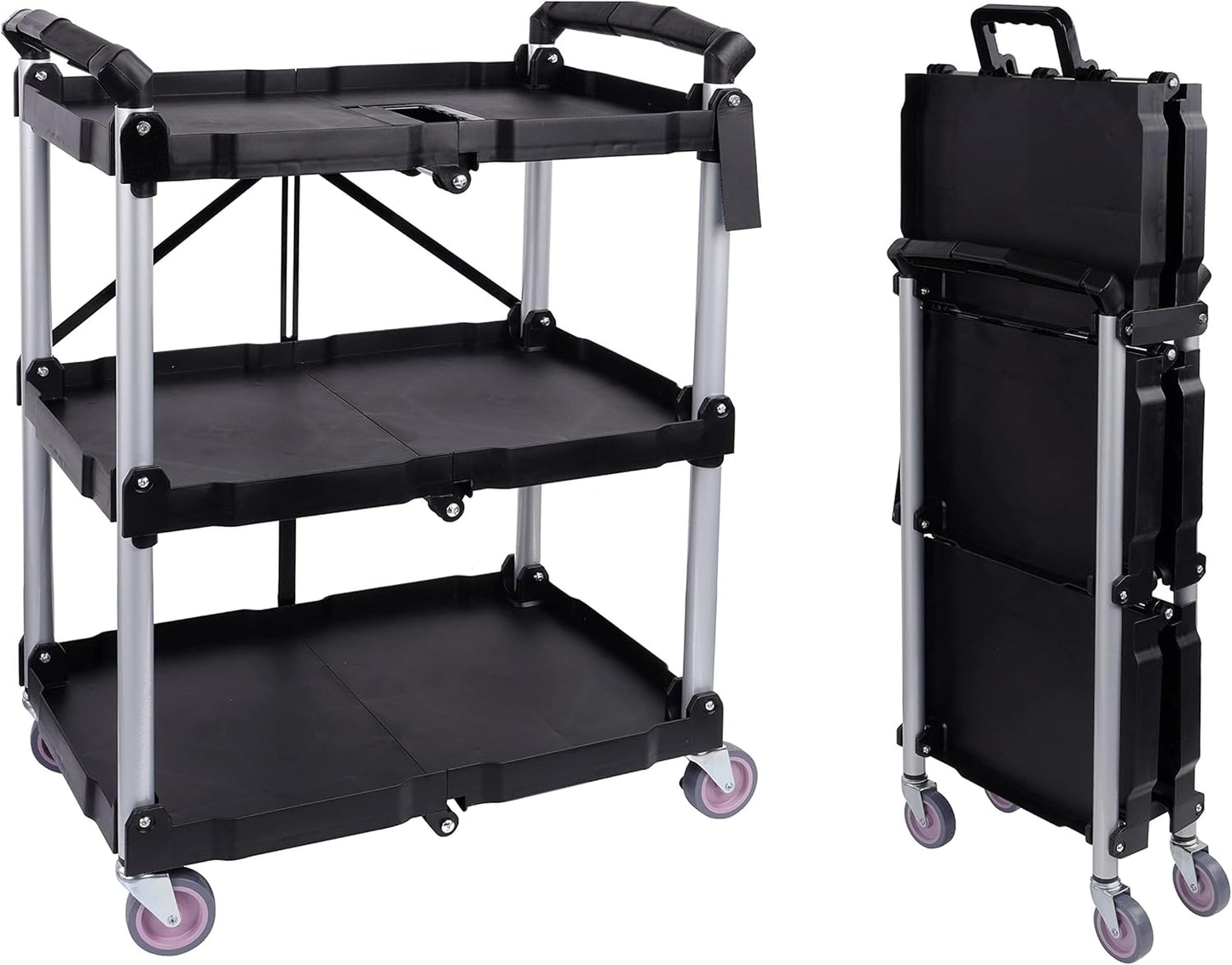 Folding Utility Cart, Portable Collapsible Service, 3 Shelf Heavy Duty Collapsible Tool with Wheels, Suitable for Office Warehouse Home, Black