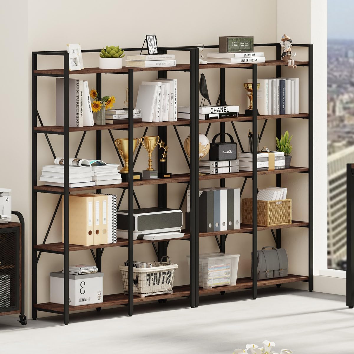 BON AUGURE Industrial Bookshelf, Bookcases and Bookshelves Etagere, Tall Large Farmhouse Book Shelves, 5 Tier Open Bookcase, Wood Metal Shelving Unit for Bedroom, Office (Rustic Oak)