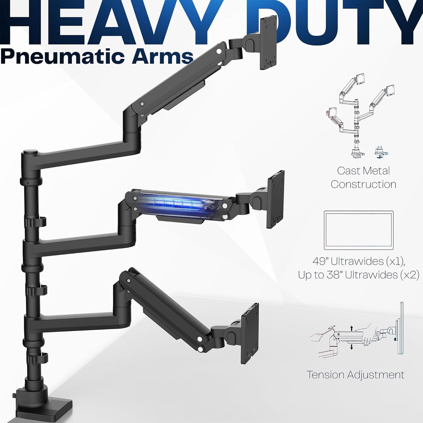 VIVO Pneumatic Arm Triple Ultrawide Monitor Extra Tall Desk Mount for Up to 49 inch Screens, Heavy Duty Clamp, Holds 3 Ultra Wides Up to 44 lbs, Black, STAND-V300D