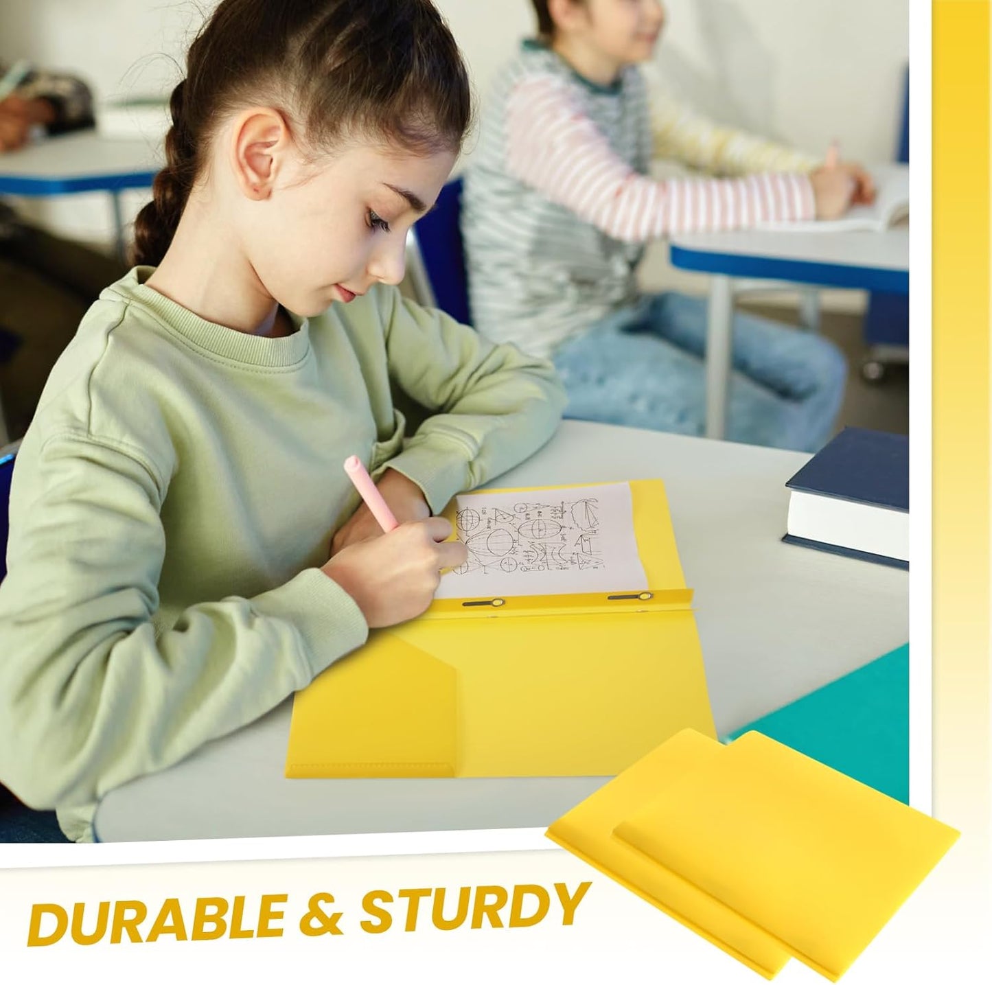 Lincia 100 Pcs Plastic Folders with 2 Pockets and Prongs for Office, School, Students, Teachers, Office Workers (Yellow)