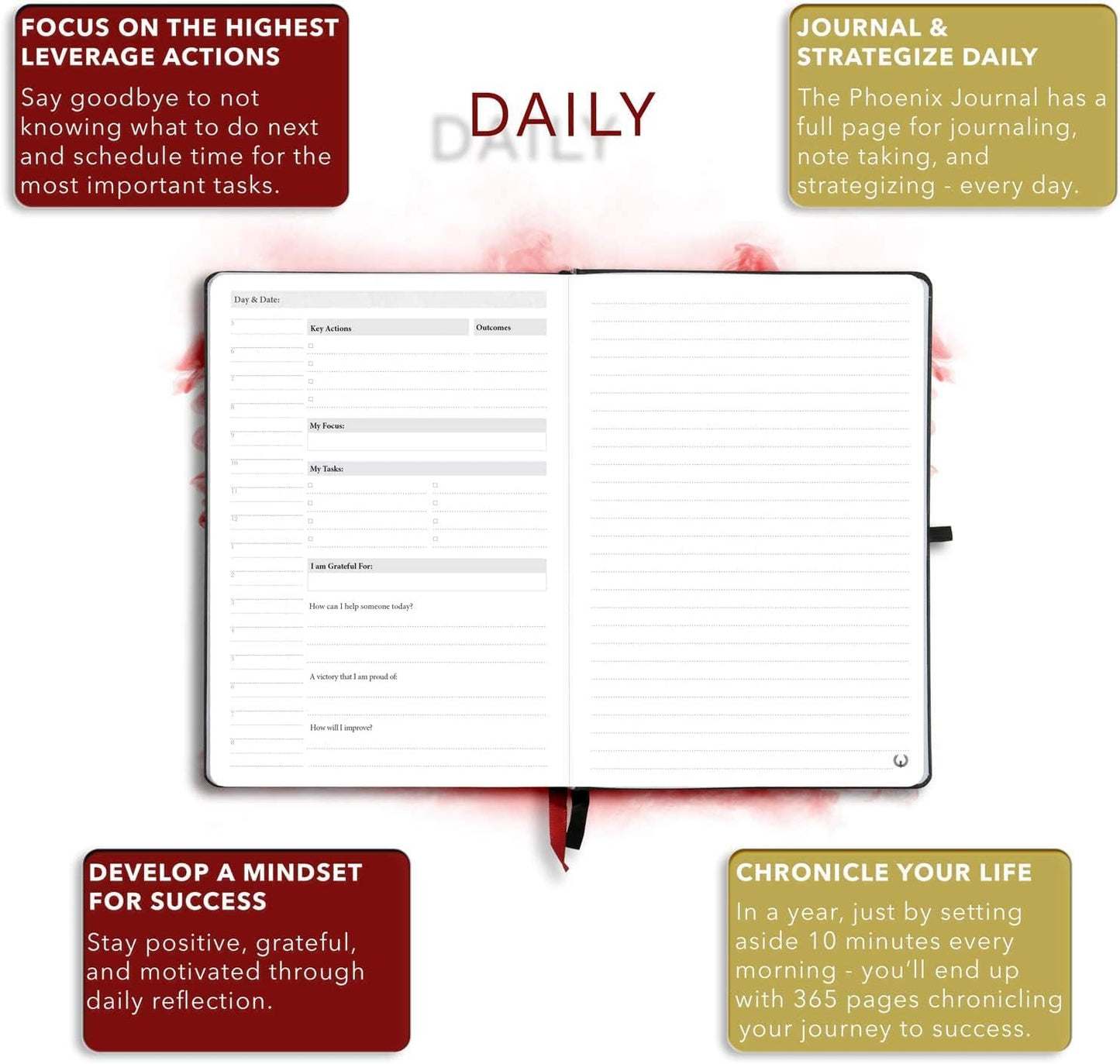 The Phoenix Journal - Best Daily Goal Planner, Organizer, & Calendar for Goal Setting, Gratitude, Happiness, & Productivity - Vision Board & Habit Tracking - 12 Weeks, Undated, Hardcover (Executive)
