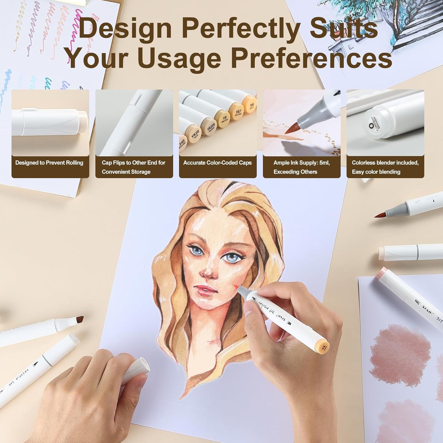 SFAIH Light Skin Tone Marker Pens 11 Colors + Mixed Color 0 - Dual Brush & Chisel Tips Art Marker Set for Portraits Coloring Drawing