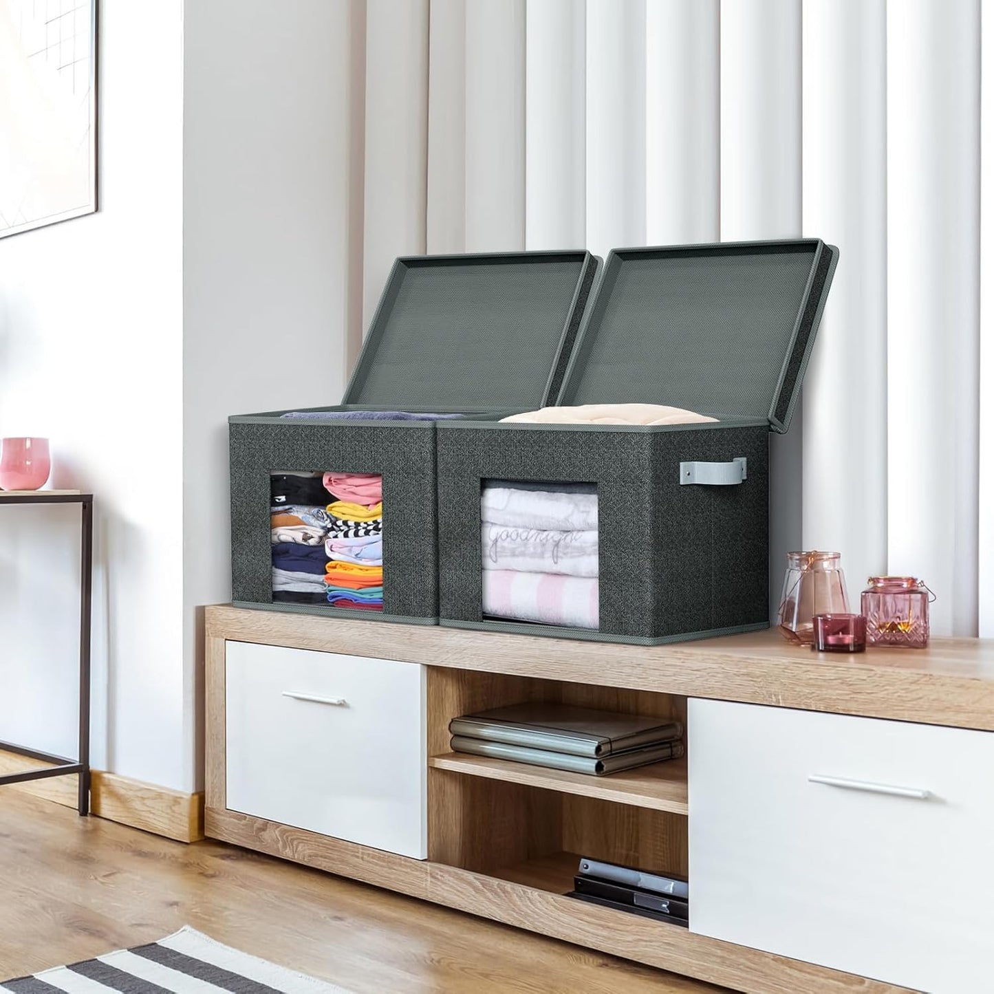 Univivi Foldable Fabric Storage Boxes Large Storage Bins with Lids [4-Pack] Collapsible Storage Cubes Organizer Containers Organization Baskets for Home, Bedroom, Closet (Black, 17”x 12” x 12”)