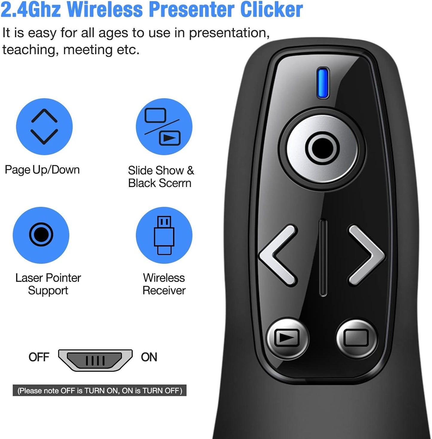 Presentation Clicker Wireless Presenter Remote for PowerPoint, Powerpoint Clicker with Volume Control PowerPoint Slide Advancer for Mac, Computer, Laptop-E600