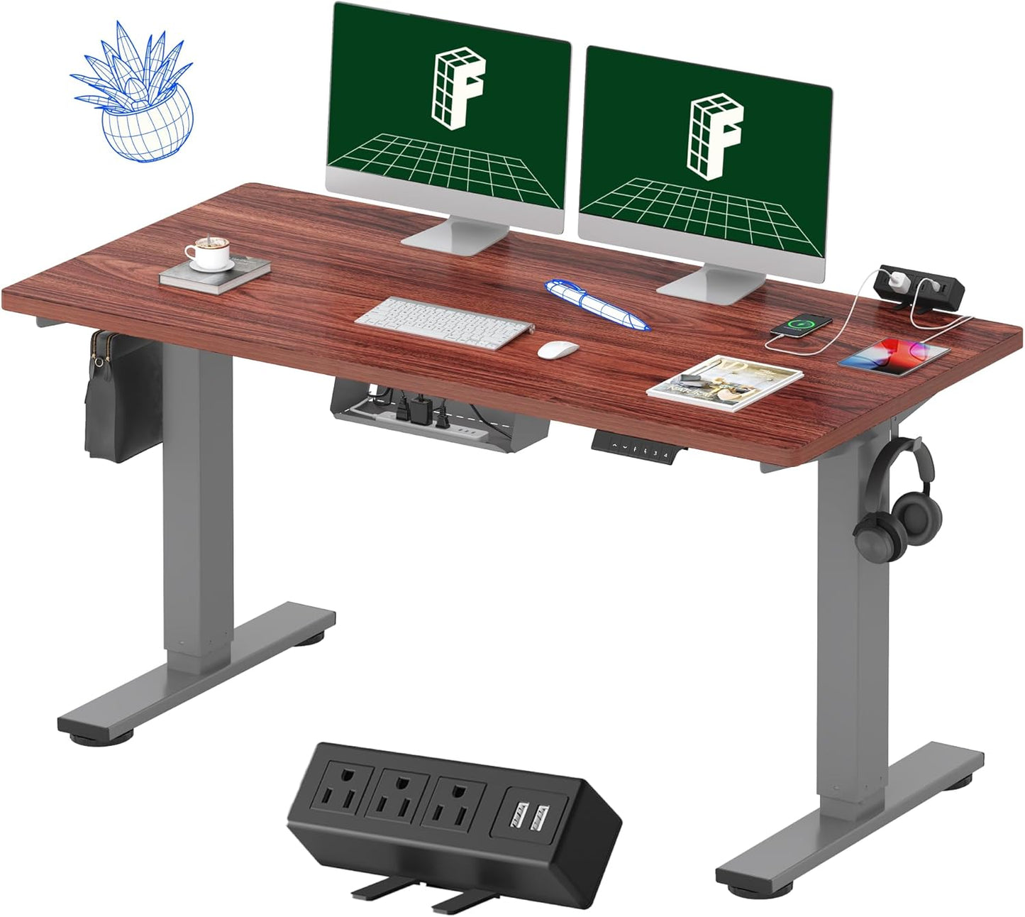 FLEXISPOT EN2 Whole-Piece Standing Desk with Clamp Power Strip, 55 x 28” Electric Stand Up Height Adjustable Desk with Cable Management (Gray Frame + 55" Mahogany Top, 2 Packages)