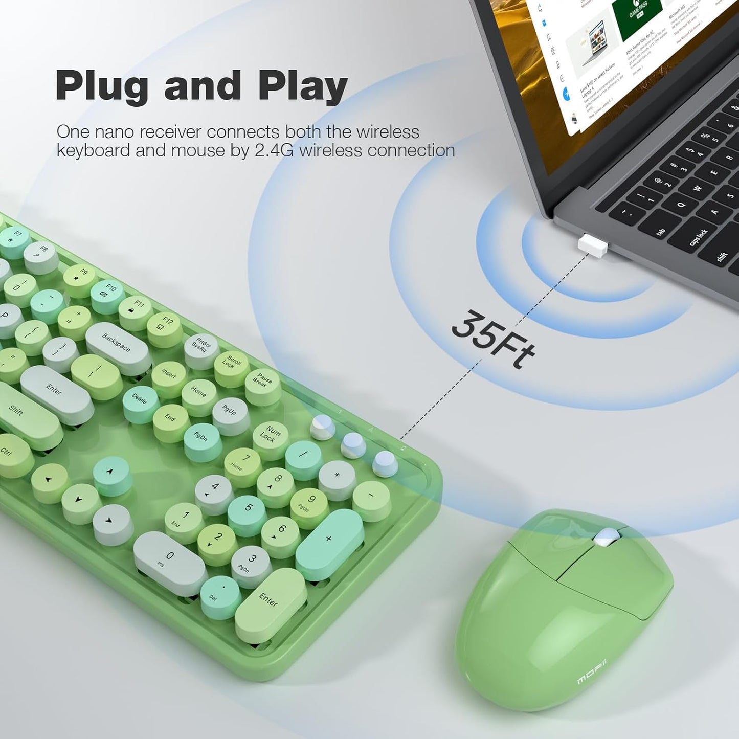 MOFII Wireless Keyboard and Mouse Combo, 2.4GHz Retro Full Size Typewriter Keyboard with Number Pad & Wireless Mouse for Laptop, PC, Desktop, Mac, Windows - Green Colorful