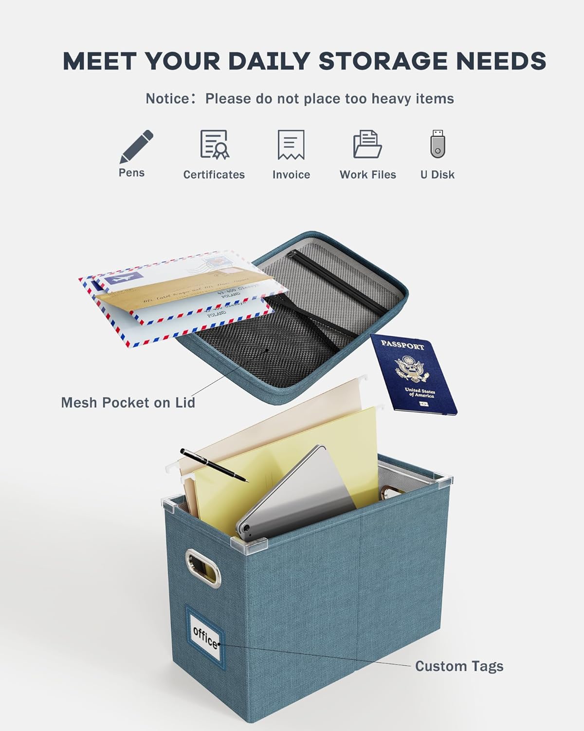 Oterri File Organizer with Lid, Hanging Filing Box with Mesh Pocket, Document Organizer for Letter Files, Portable Storage Box with Smooth Sliding Rail for Office&Home (2 PCS, Dark-blue)