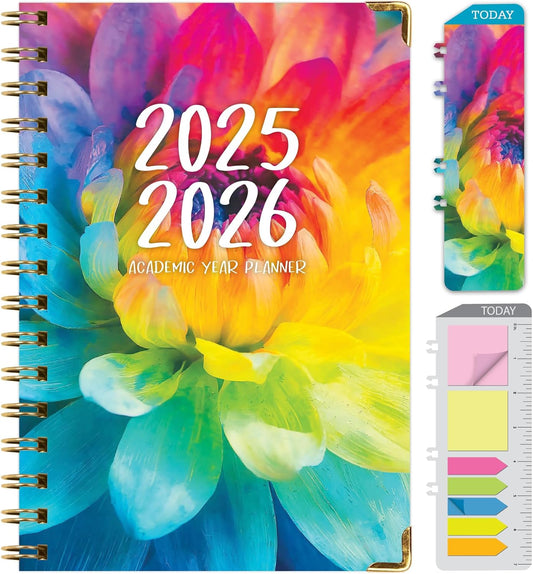 HARDCOVER Academic Year 2025-2026 Planner: (June 2025 Through July 2026) 5.5"x8" Daily Weekly Monthly Planner Yearly Agenda. Bookmark, Pocket Folder and Sticky Note Set (Rainbow Petals)