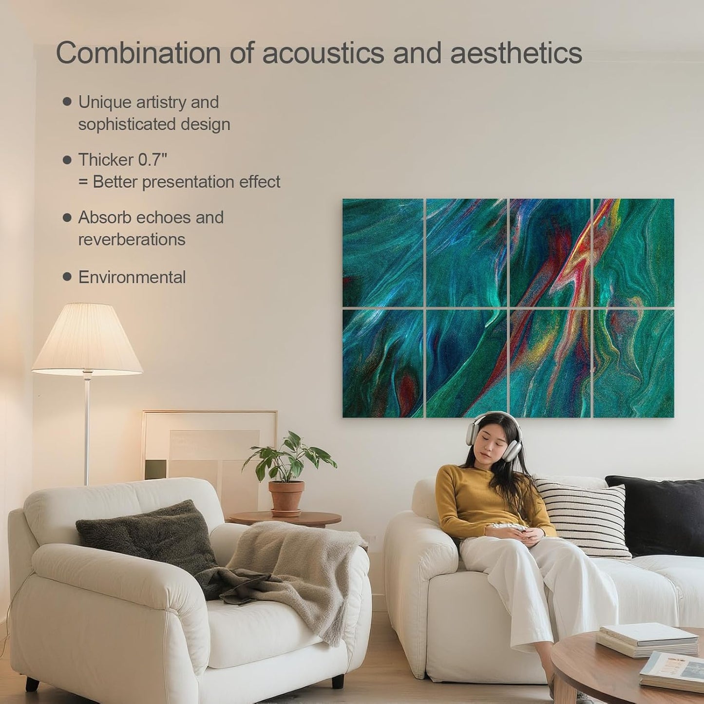 UMIACOUSTICS 8 Pcs 0.7Inch Thick Art Acoustic Panels, Total 47.2” x 31.5” Decorative Sound Absorbing Art Panels, Acoustical Wall Panels for Home, Office, Hotel, Turquoise-Light