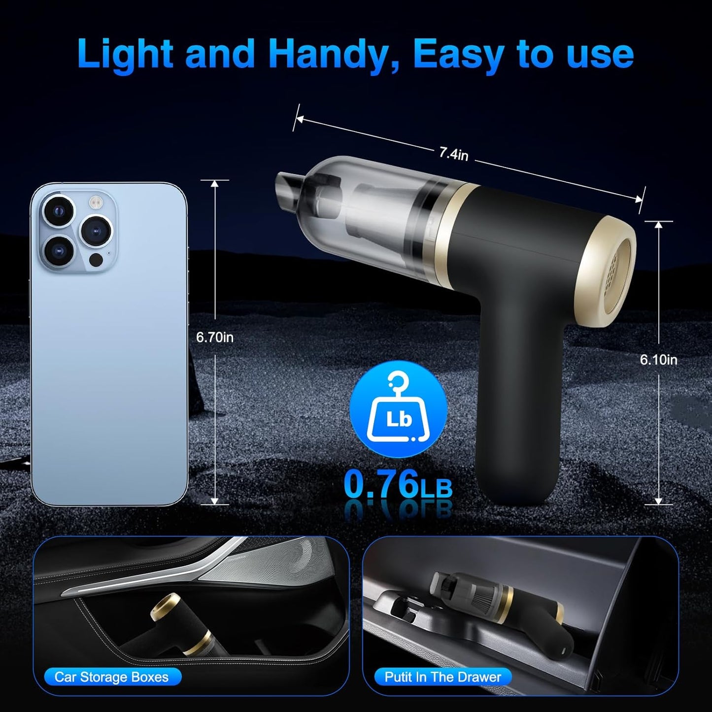 Handheld Vacuum Cordless Car Vacuum Portable with 20000PA, Lightweight Mini Hand Vacuum Cleaner with Brushless Motor, High Power Suction for Home, Pet and Car