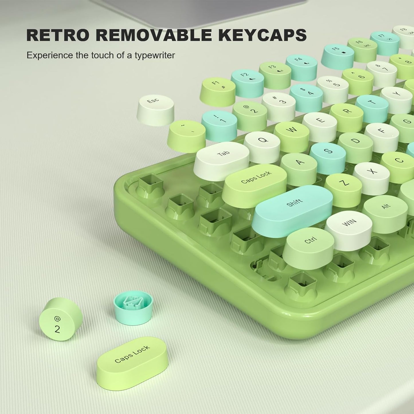 MOFII Wired Keyboard, Full Size USB Keyboard Plug Play, Colorful Retro Round Typewriter Keyboard with Foldable Stands for Windows PC Laptop (Green Colorful)