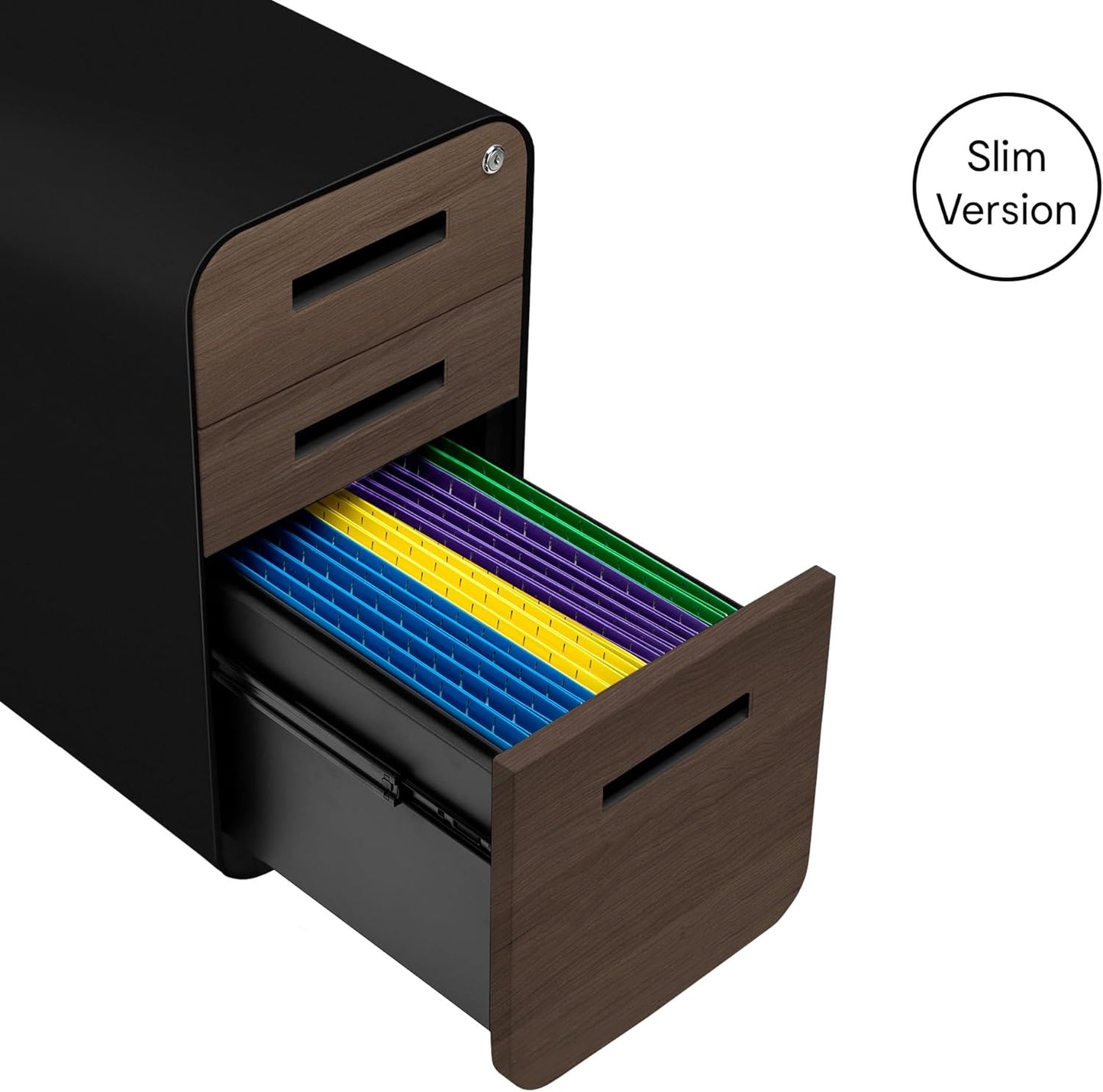 Laura Davidson Furniture Stockpile Slim 3-Drawer Mobile File Cabinet with Lock - Under Desk Metal Filing Cabinet, Legal/Letter File Folders, Wheels & Stationary Feet, Assembled, Black/Wood Faceplate