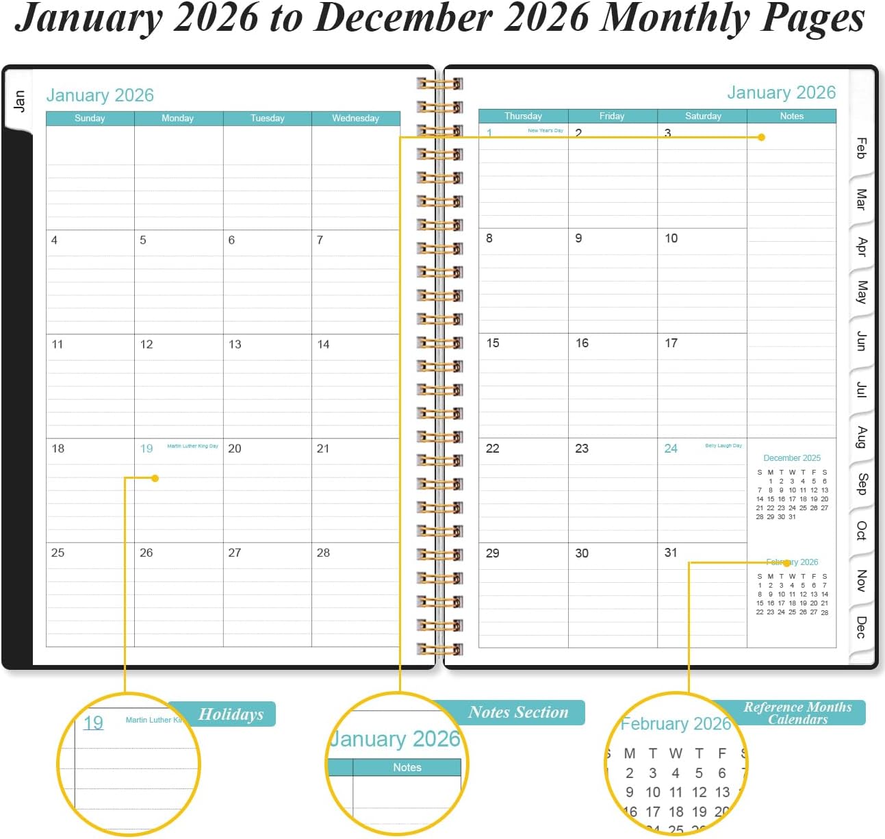2026 Planner - Weekly and Monthly Calendar Planner from Jan 2026 - Dec 2026, Planner 2026 Spiral Bound with 12 Monthly Tabs, Inner Pocket, Perfect for School Office Supplies, 6.4" x 8.5", Black