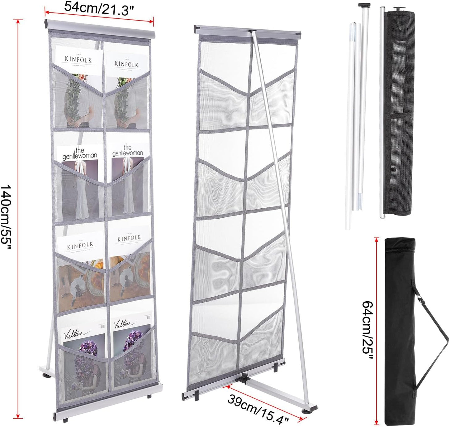 PATIKIL Portable Magazine Display Racks Floor Standing Double A4 8 Mesh Pockets Brochure Stand Catalog Literature Holder for Hotel, Exhibition, Office, Gray