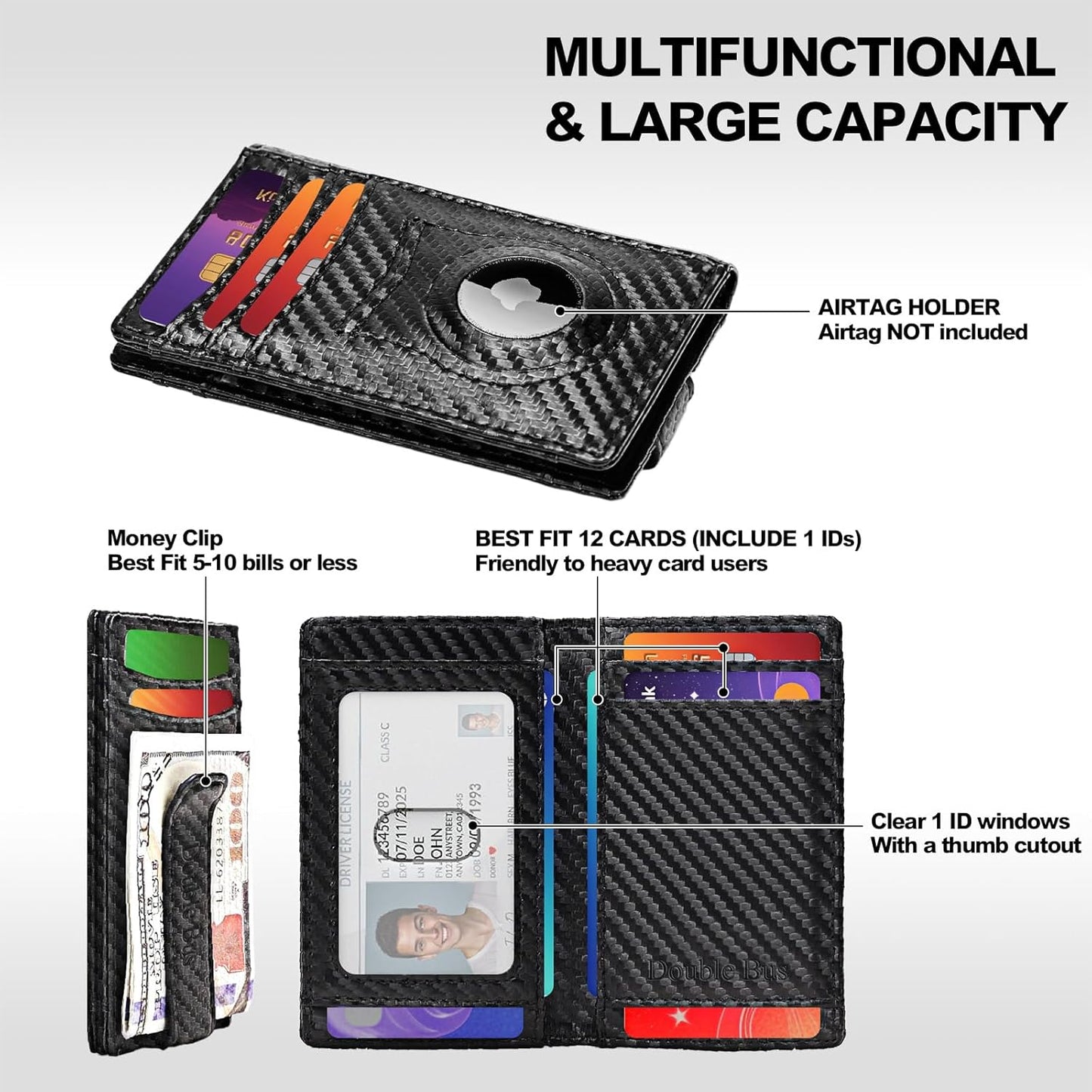 Slim Wallet for Men Credit Card Holder Wallet RFID Blocking Bifold Mens Slim Wallet,Thin Minimalist Front Pocket Mens Leather Wallets,Smart Security Carbon Fiber Mini Small Compact Wallet & Money Clip