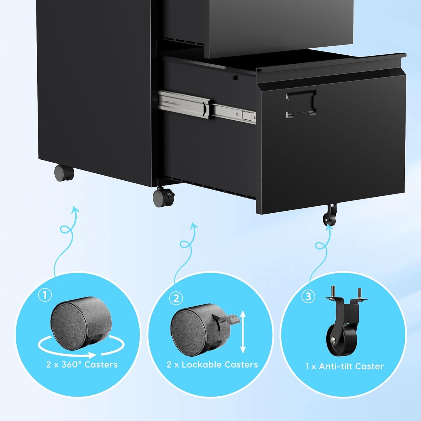 2 Drawer Mobile File Cabinet with Lock,Under Desk Metal Filing Cabinets for Home Office Fits Letters/Legal/A4 Size Folder, Assembly Required, Black