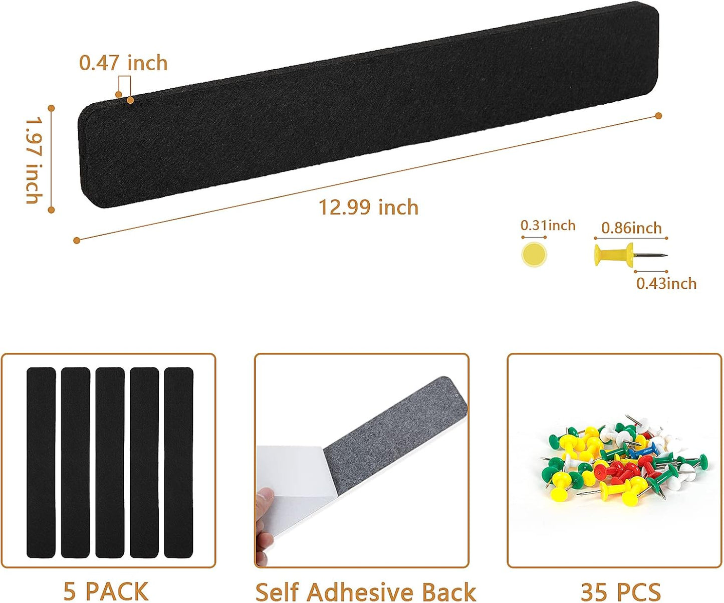 5 Pack Felt Pin Board Bar Strips Bulletin Board for Bedrooms Offices Home Wall Decoration, Notice Board Self Adhesive Cork Board with 35 Push Pins for Paste Notes, Photos, Schedules (Black)