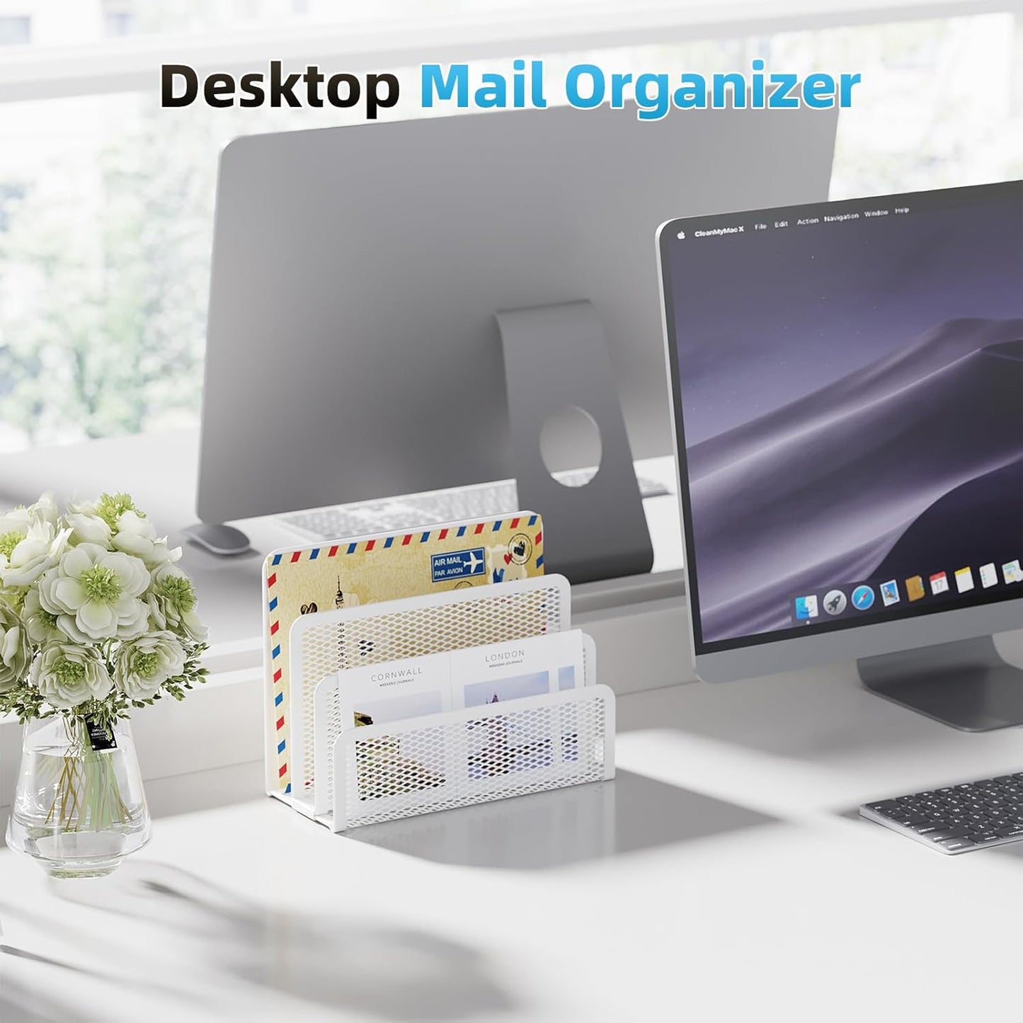Marbrasse Mail Organizer for Desk, 3-Slot Mesh Metal Mail Holder countertop, Letter Holder, Office Desktop Envelope and Document Storage Rack (White)