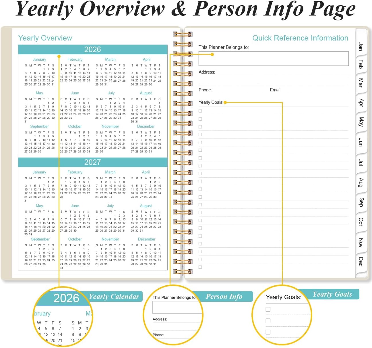 2026 Planner - Weekly and Monthly Calendar Planner from Jan 2026 - Dec 2026, Planner 2026 Spiral Bound with 12 Monthly Tabs, Inner Pocket, Perfect for School Office Supplies, 6.4" x 8.5", Beige