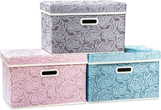 PRANDOM Collapsible Storage Cubes with Lids Fabric Decorative Storage Bins Boxes Organizer Containers Baskets with Cover Handles for Bedroom Closet Living Room 14.9x9.8x9.8 Inch 3 Pack
