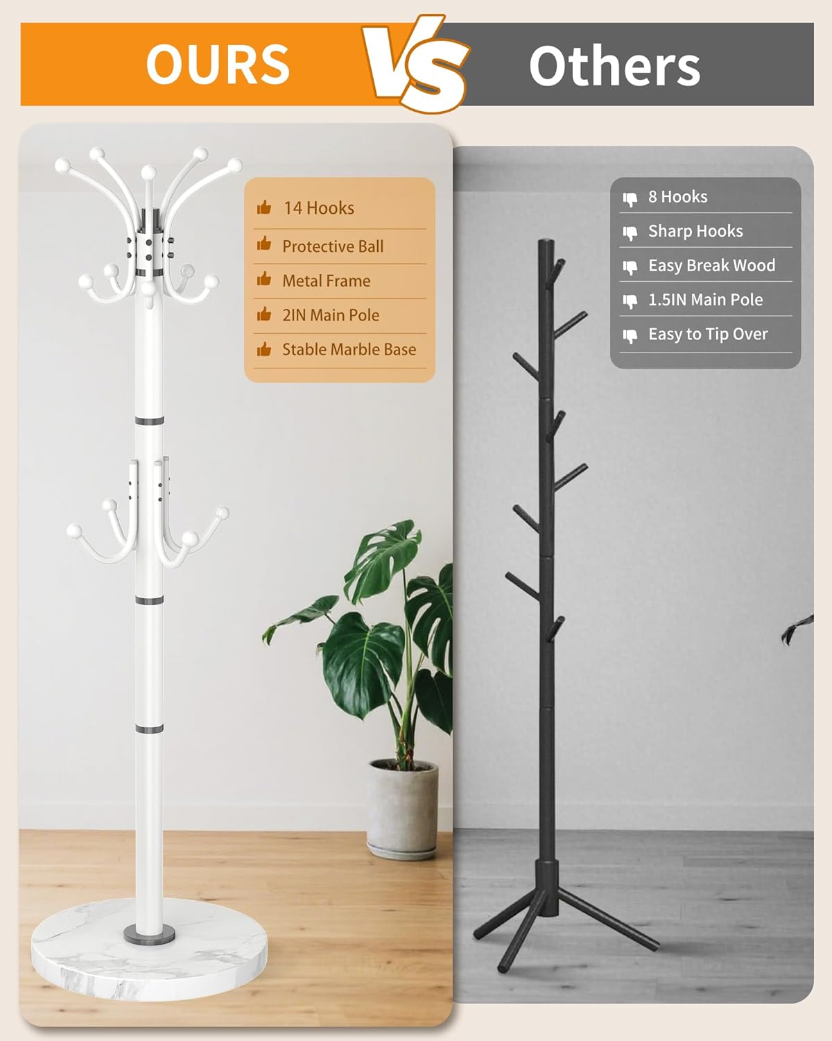 EZIVIEZ Modern Coat Rack Stand, 360° Rotary Metal Freestanding Coat Rack with Natural Marble Base, White Coat Racks and Coat Hanger Tree Jacket Stand with 14 Hooks for Office, Entryway, Hallway