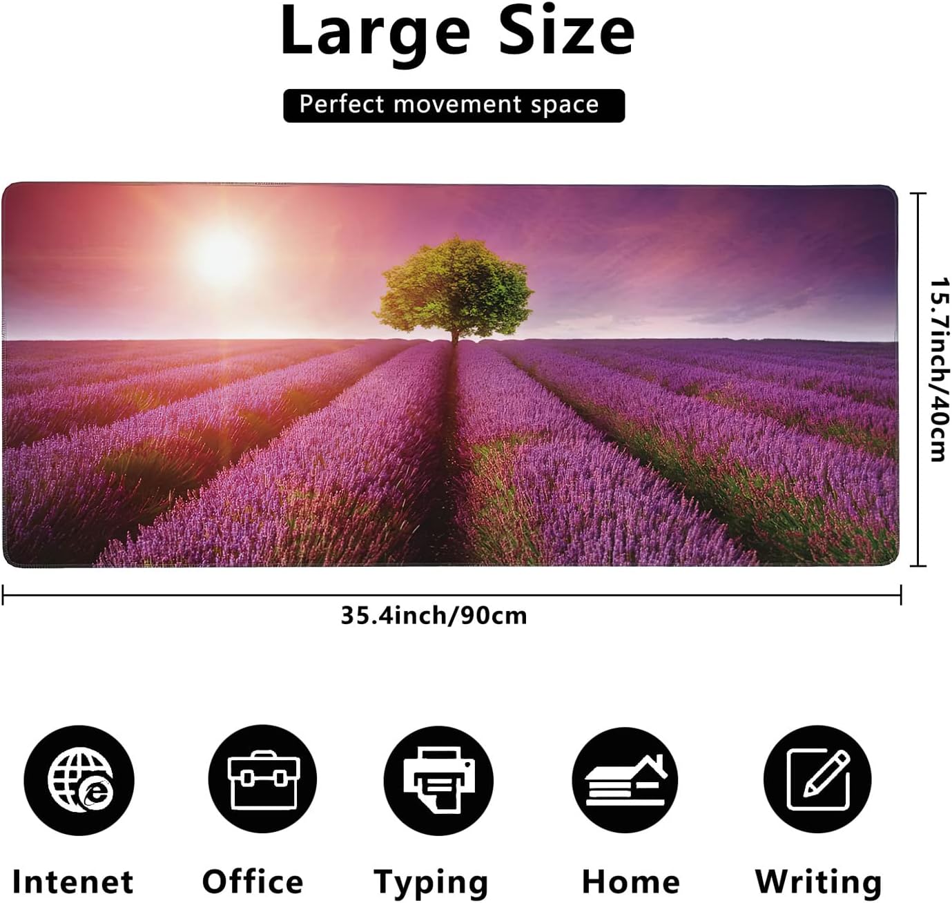 Stunning Lavender Field Landscape Extended Gaming Mouse Pad Large Desk Mat with Non-Slip Rubber Base and Stitched Edges,Keyboard Mouse Mat Desk Pad for Work,Game,Office,Home 35.4 * 15.7 Inch