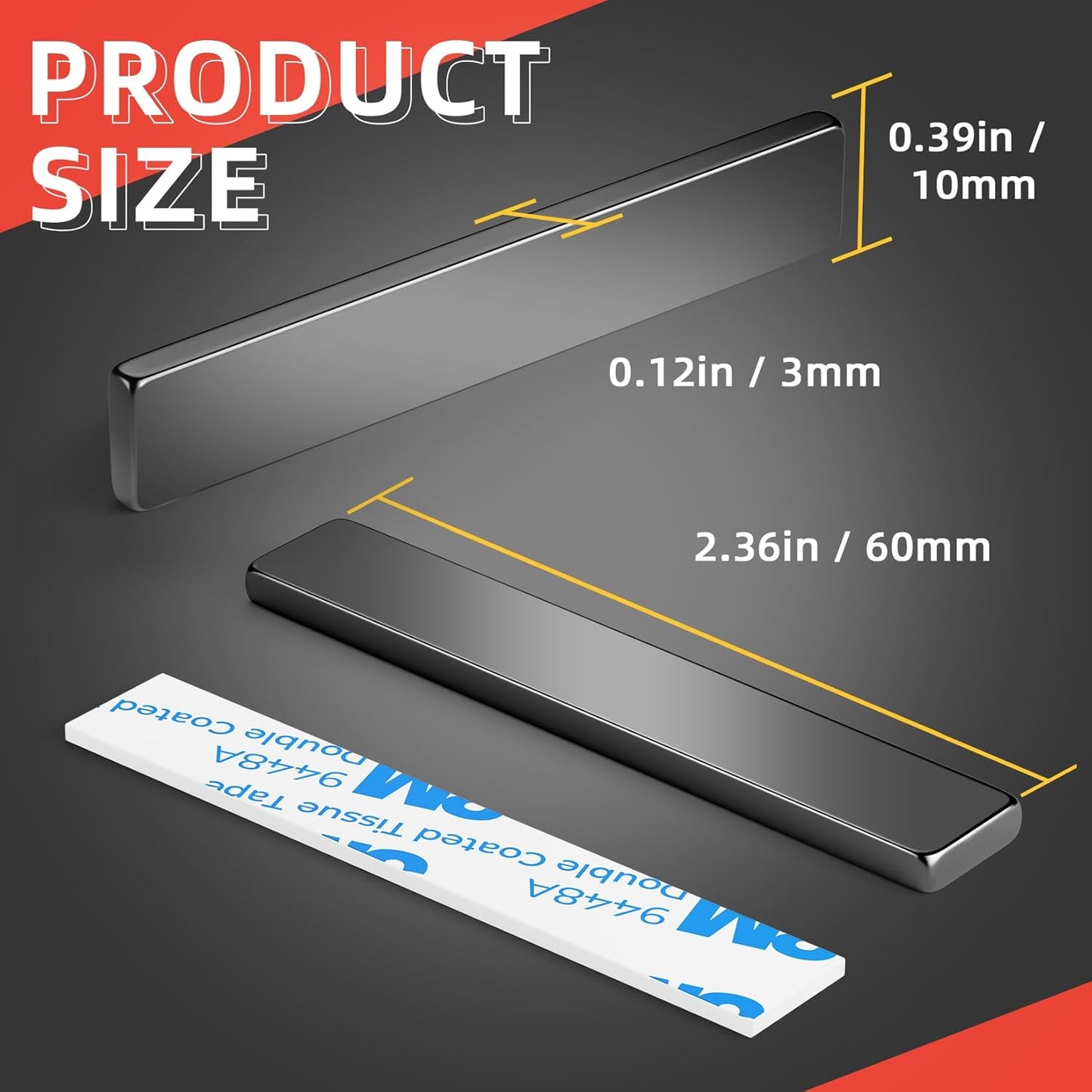 Grtard 20 Pack Bar Magnets, 60x10x3mm Permanent Rare Earth Magnets Bar, Powerful Magnets Heavy Duty Magnet Strips with Double-Sided Adhesive for Garage, Kitchen, Science, Whiteboard
