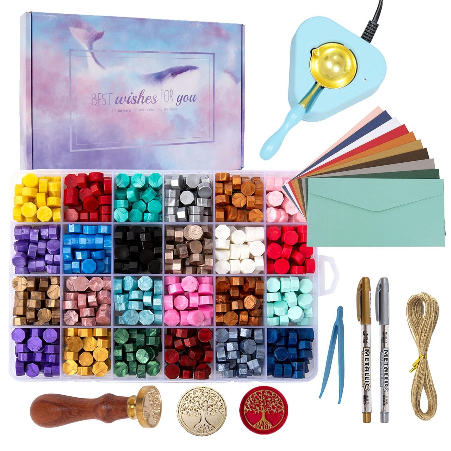 Wax Seal Kit with Electric Warmer, 648 Pcs Beads, Stamp, Sealing Spoon, Wax Seal Stamp Kit with Gift Box for Decoration and Gifts