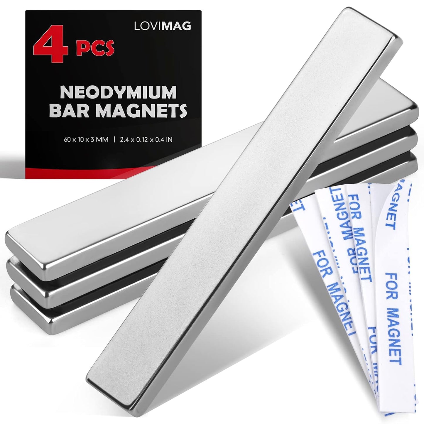 LOVIMAG Strong Neodymium Bar Magnets with Double-Sided Adhesive, Rare Earth Metal Neodymium Magnet for Fridge, Scientific, Shower Door, Office Etc, 60 x 10 x 3 mm, Pack of 4
