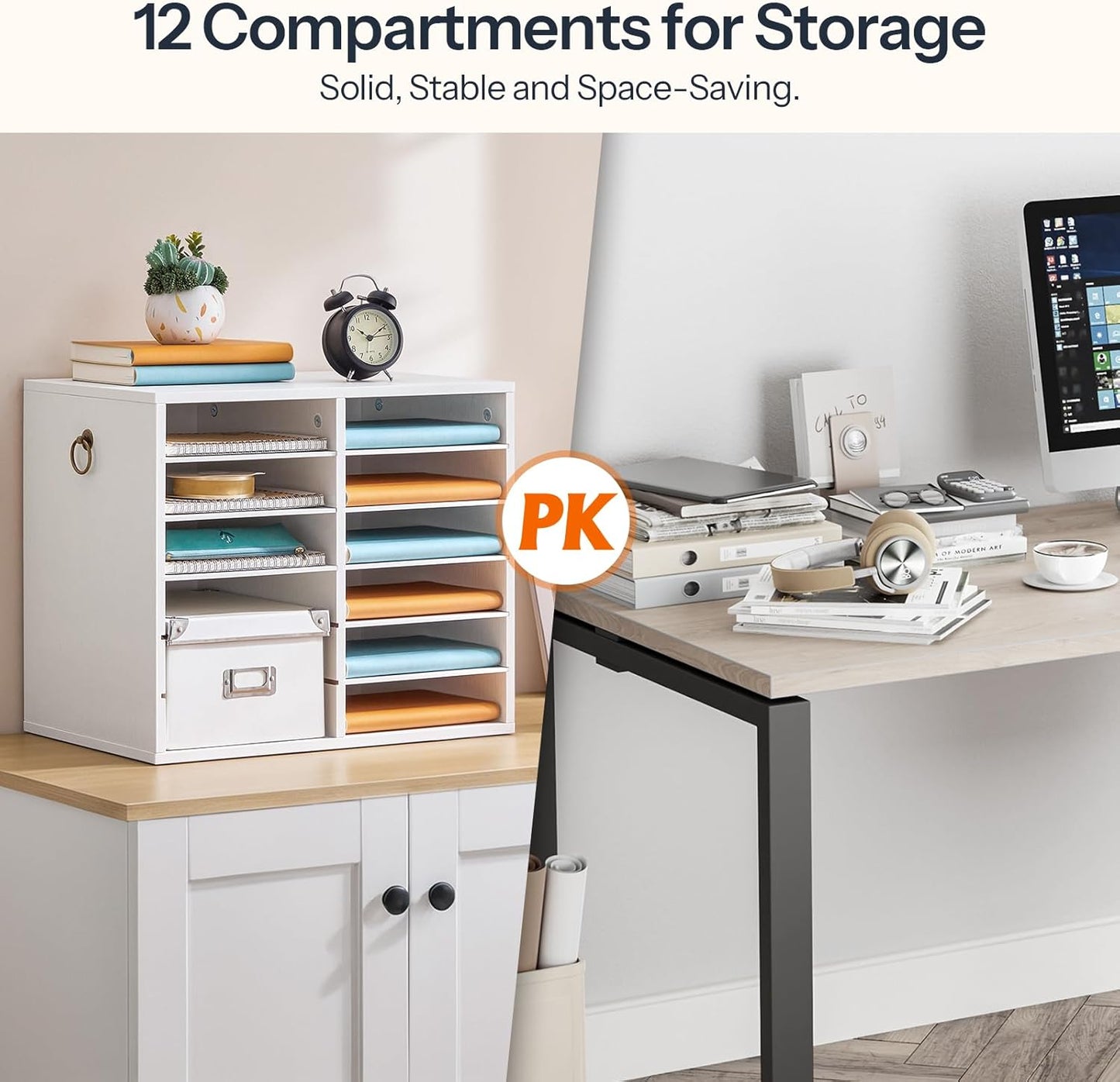 HOOBRO Literature Organizers, 12 Compartments Office Mailbox with Adjustable Shelves, Wood Countertop Literature Sorter for Office, Home, Classroom, Mailrooms Organization White WT12WF01