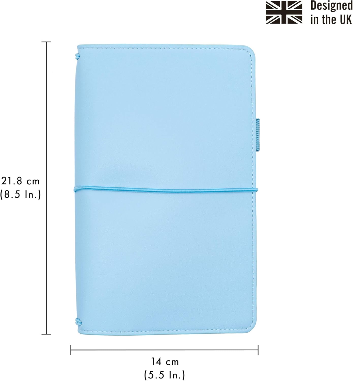 Pukka Pad, Carpe Diem Refillable Traveler’s Notebook Cover – Faux Leather Portfolio with Blank and Lined Notepads – Includes 6 Pockets, Pen Loop, and Elastic Closure – 8.5 x 5.5 Inches, Sky Blue