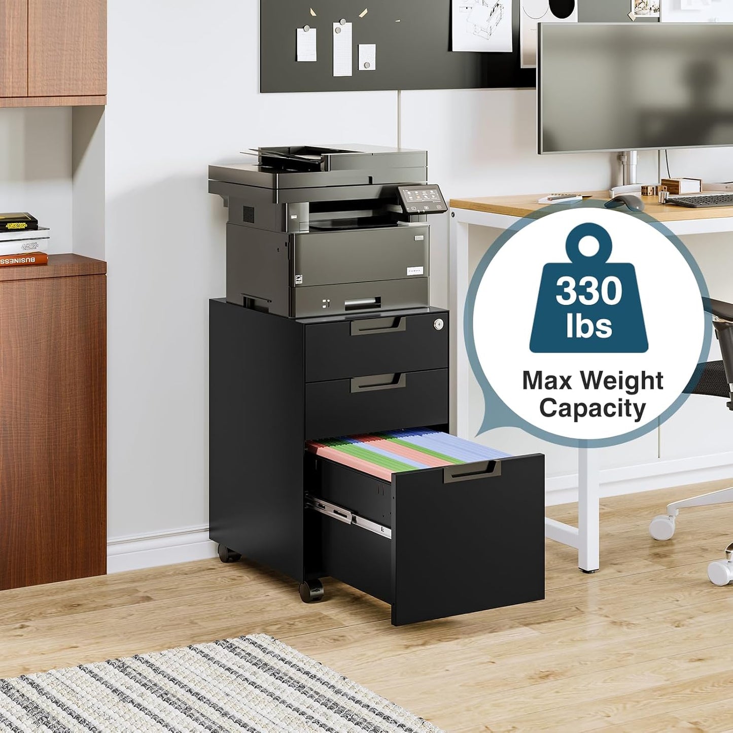 MIIIKO 3 Drawer Filing Cabinet with Lock, Metal Black Vertical File Cabinets for Home Office, Full Assembled File Cabinets Under Desk, Letter/Legal/A4 File Folders Storage