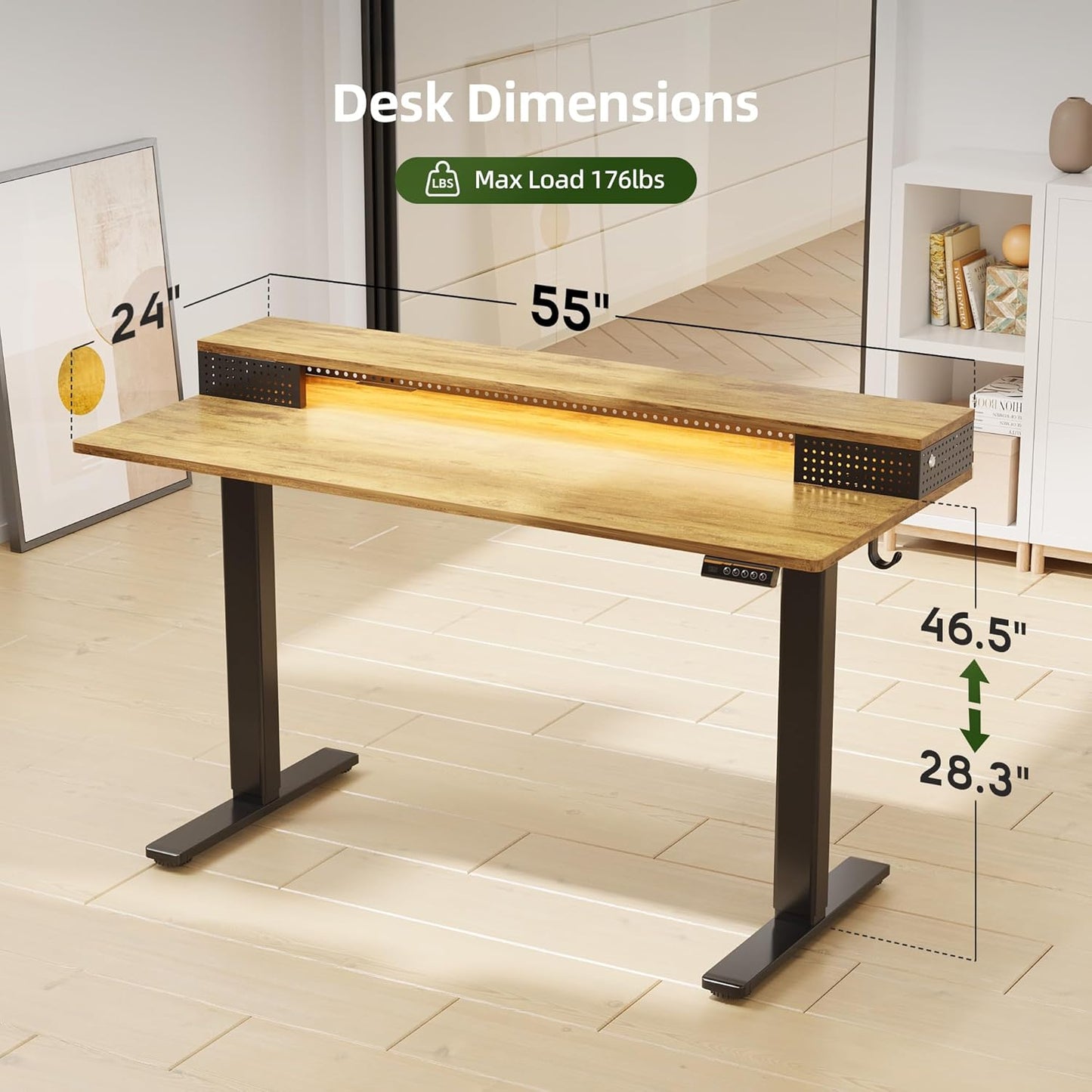 Claiks Electric Standing Desk with Shelf, 55 Inch Height Adjustable Standing Desk with LED Lights & Monitor Stand, Black Frame/Rustic Brown Top