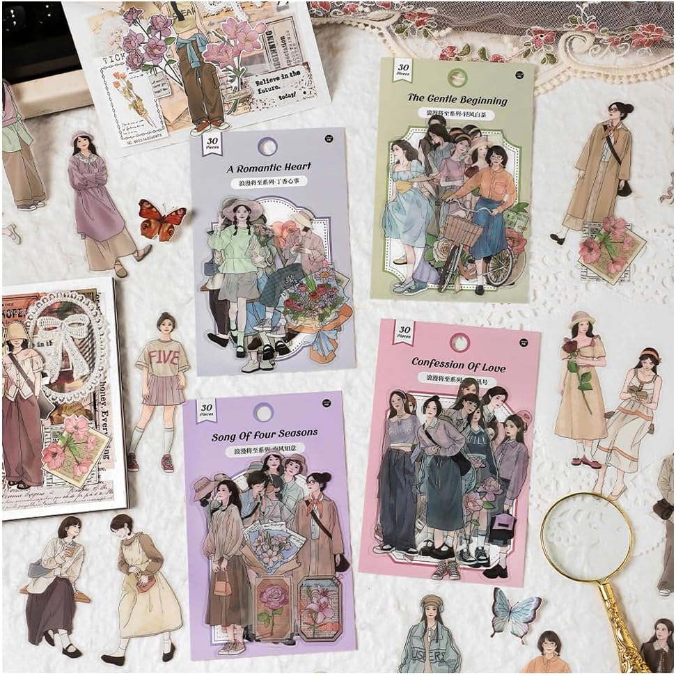 Alideco 120pcs Scrapbook Stickers Set Kawaii Vintage Fashion Girl People Stickers for Journaling Scrapbooking Junk Journal Crafts Embelishment Decoration Diary (langmanjiangzhi)
