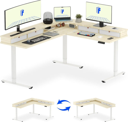 FLEXISPOT 71" L Shaped Standing Desk Electric Corner Table with Shelf, 4 Storage Drawers, Adjustable Computer Workstation for Home, Office, Game, Studio, USB Charger, Light Maple Top + White Frame