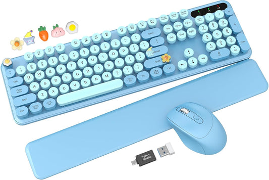 Wireless Keyboard and Mouse Combo - Cute Typewriter Keyboard with Detachable Wrist Rest, Retro Round Keycaps, Foldable Legs, 2.4GHz Full-Size for PC, Laptop, Windows - Trueque (Glacier Blue)