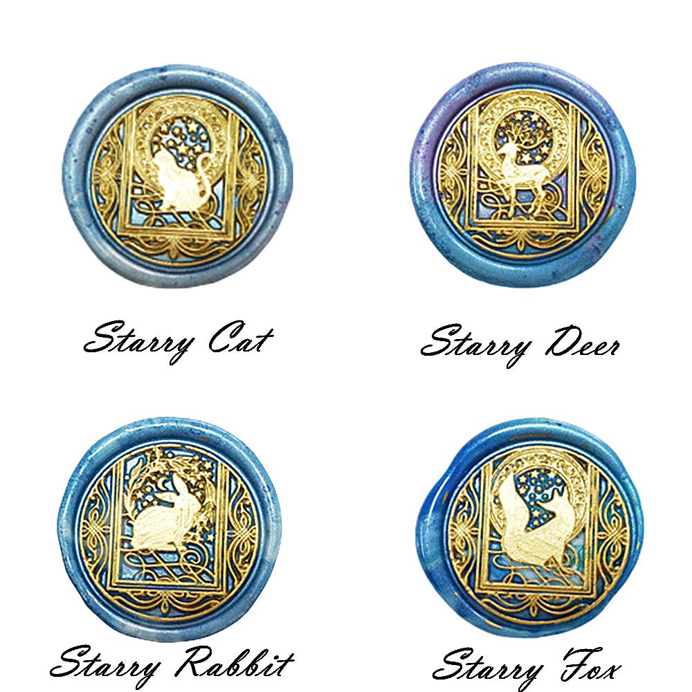 Starry Animal Wax Seal Stamp Set with 4 PCS Removable Brass Heads and 1 Wooden Handle - Retro Vintage Cat Deer Rabbit Fox Sealing Wax Stamp for Letter Cards Invitations